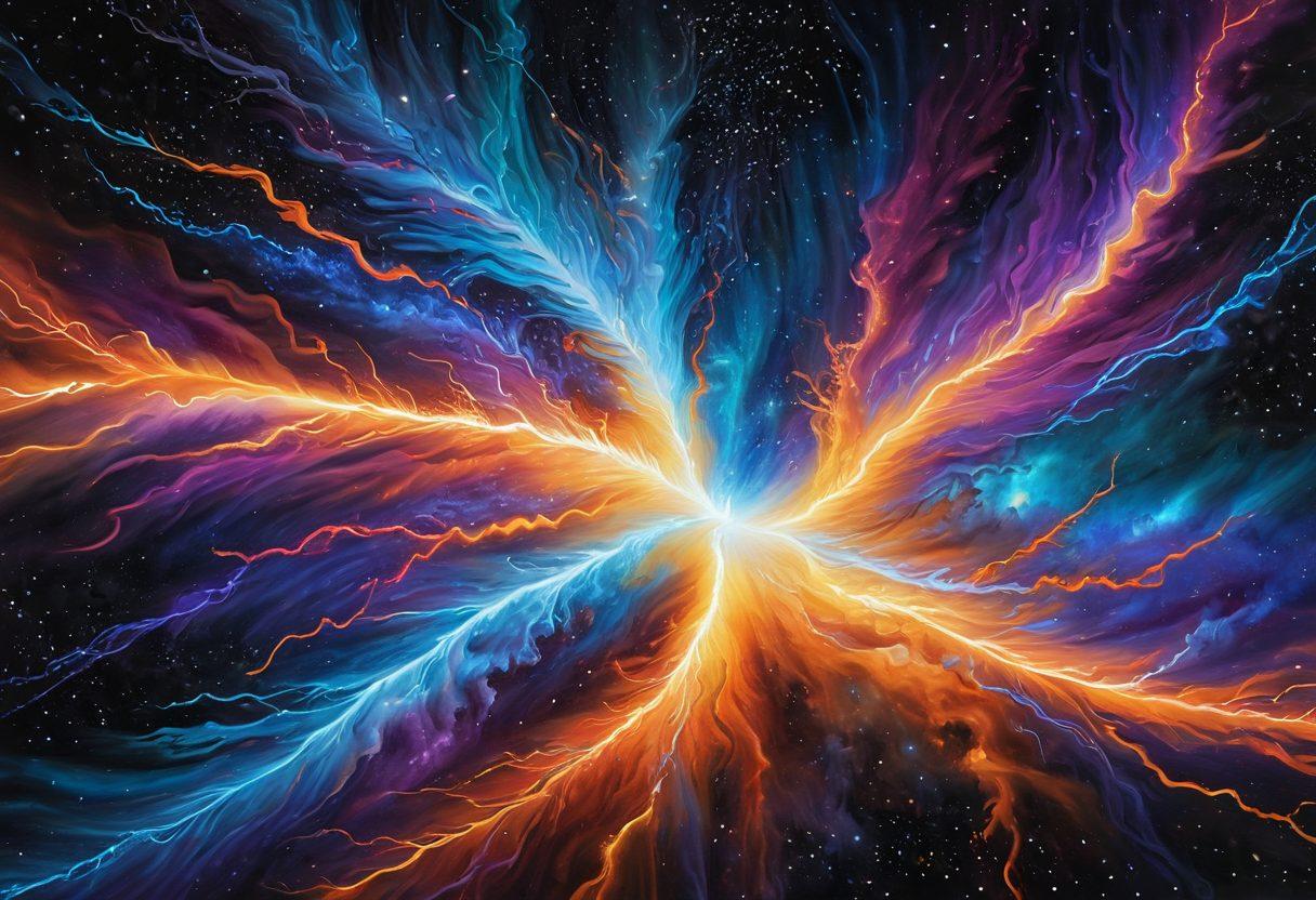 A mesmerizing cosmic scene where pulsating electric currents form intricate plasma formations, illuminating an interstellar backdrop with glowing stars connected by shimmering electric arcs. The image should convey the awe and mystery of new astrophysical theories. painting. vibrant colors. cosmic background.