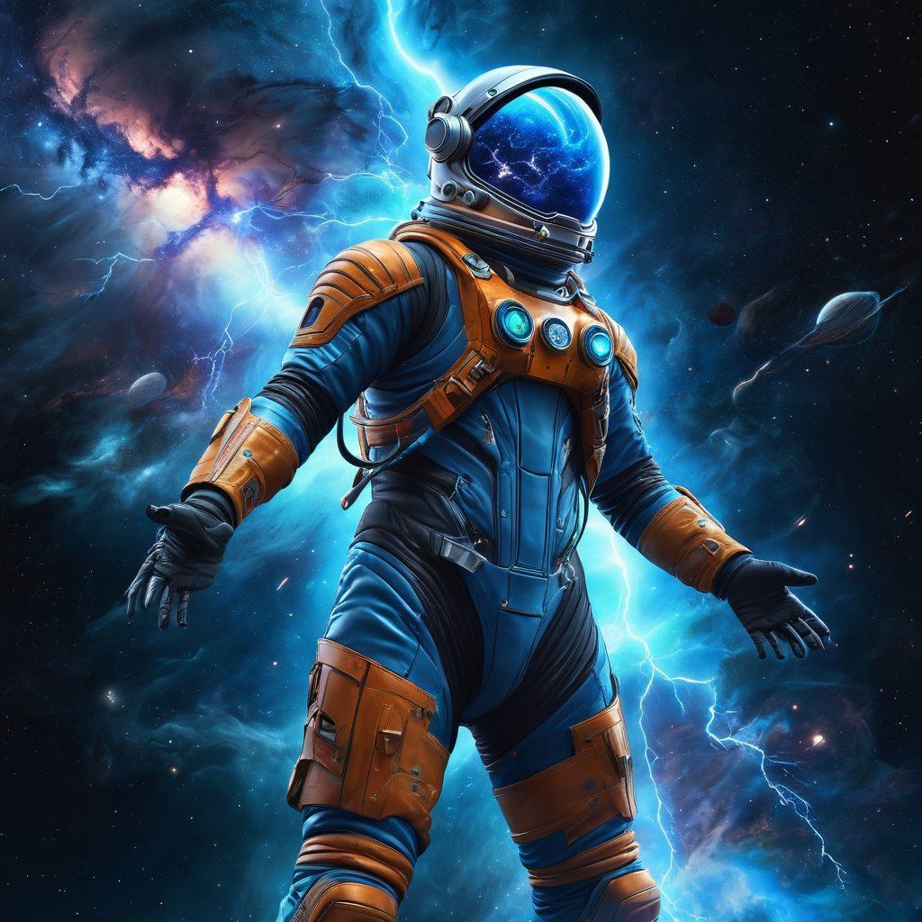 A mesmerizing representation of the universe, filled with swirling galaxies and nebulae crackling with electric lightning. Bright electric arcs connect stars, planets, and cosmic phenomena, casting a mystical blue glow. In the foreground, a figure in a spacesuit reaches out, seemingly harnessing the electric energy. Intricate details in the cosmic background enhance the sense of wonder. super-realistic. vibrant colors. black background.