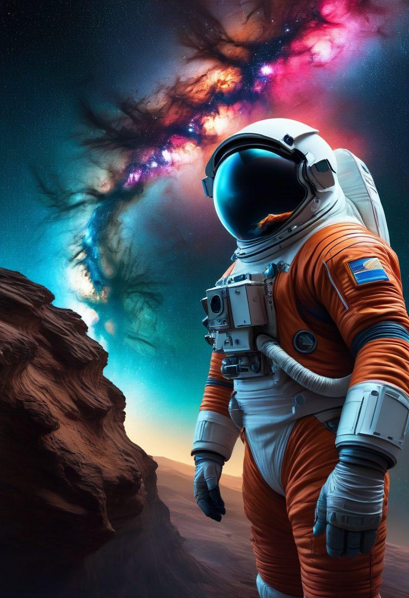 A majestic and vibrant depiction of the Milky Way galaxy with luminous, swirling galactic currents connecting distant stars, illuminated by radiant, multicolored magnetic fields. In the foreground, an astronaut scientist in a sleek space suit examines this celestial phenomenon with futuristic instruments, capturing the awe-inspiring vastness of space. super-realistic. vibrant colors. 3D.